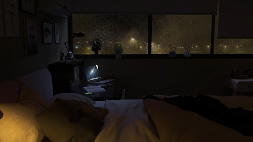 Cozy Bedroom With a Rainy Night View of the City Live Wallpaper