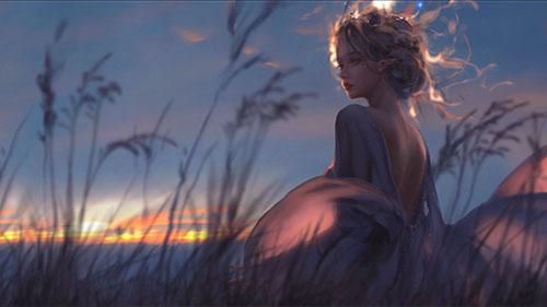 Girl And Reed Field At Sunset Live Wallpaper