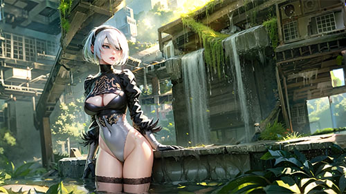 Nier: Automata - 2B By The Waterfall Live Wallpaper