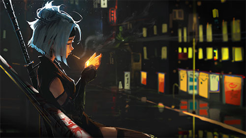 Samurai Girl Smoking Live Wallpaper