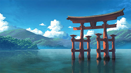 Shinto Gate Water Mountains Clouds Live Wallpaper